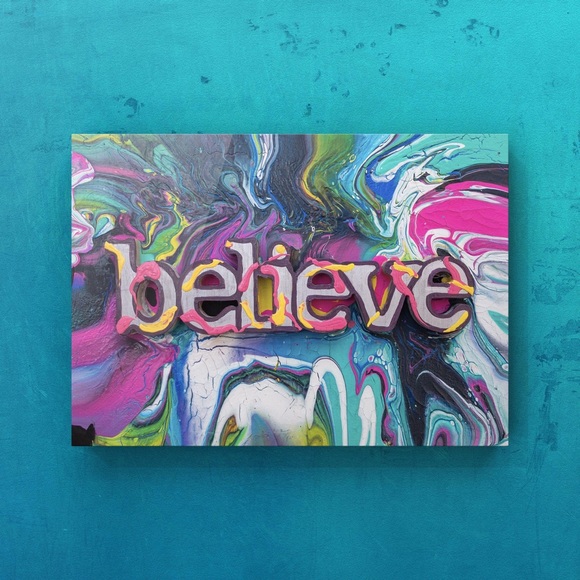 Believe 3D Flowing, Mixed media, small, textured Affirmation Art Painting - Picture 1 of 6